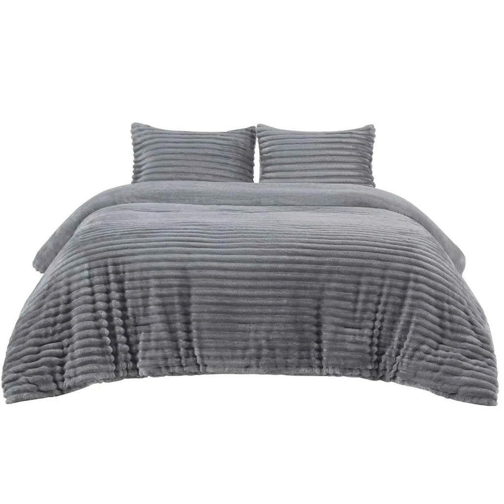 Plush Flannel Striped Fleece Reversible Comforter Set - All-Season Fluffy Light Grey Bedding with Pillow Shams