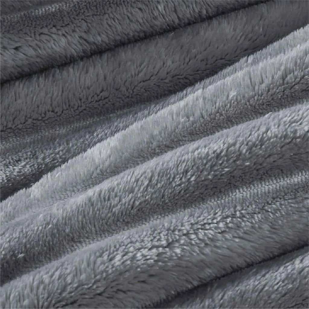 Plush Flannel Striped Fleece Reversible Comforter Set - All-Season Fluffy Light Grey Bedding with Pillow Shams