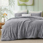Plush Flannel Striped Fleece Reversible Comforter Set - All-Season Fluffy Light Grey Bedding with Pillow Shams