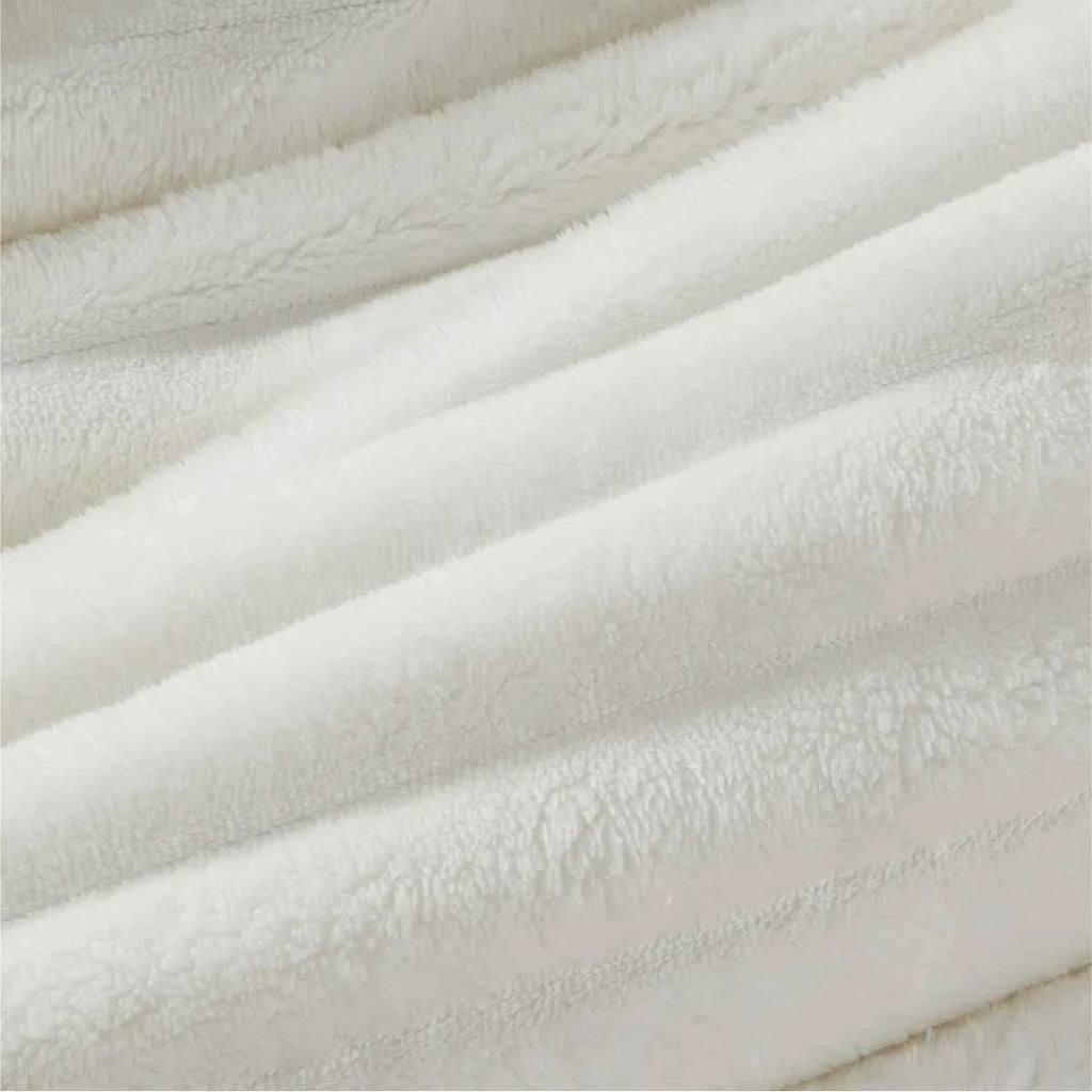 Plush Flannel Striped Fleece Reversible Comforter Set - All-Season Fluffy Light Grey Bedding with Pillow Shams