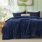 Plush Flannel Striped Fleece Reversible Comforter Set - All-Season Fluffy Light Grey Bedding with Pillow Shams