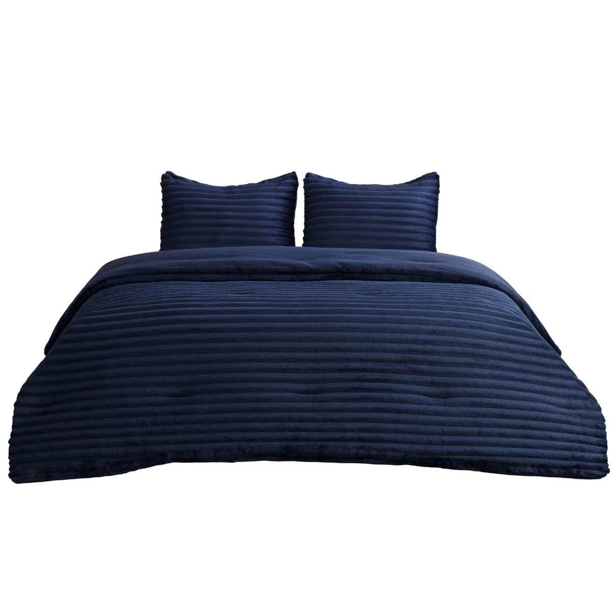 Plush Flannel Striped Fleece Reversible Comforter Set - All-Season Fluffy Light Grey Bedding with Pillow Shams