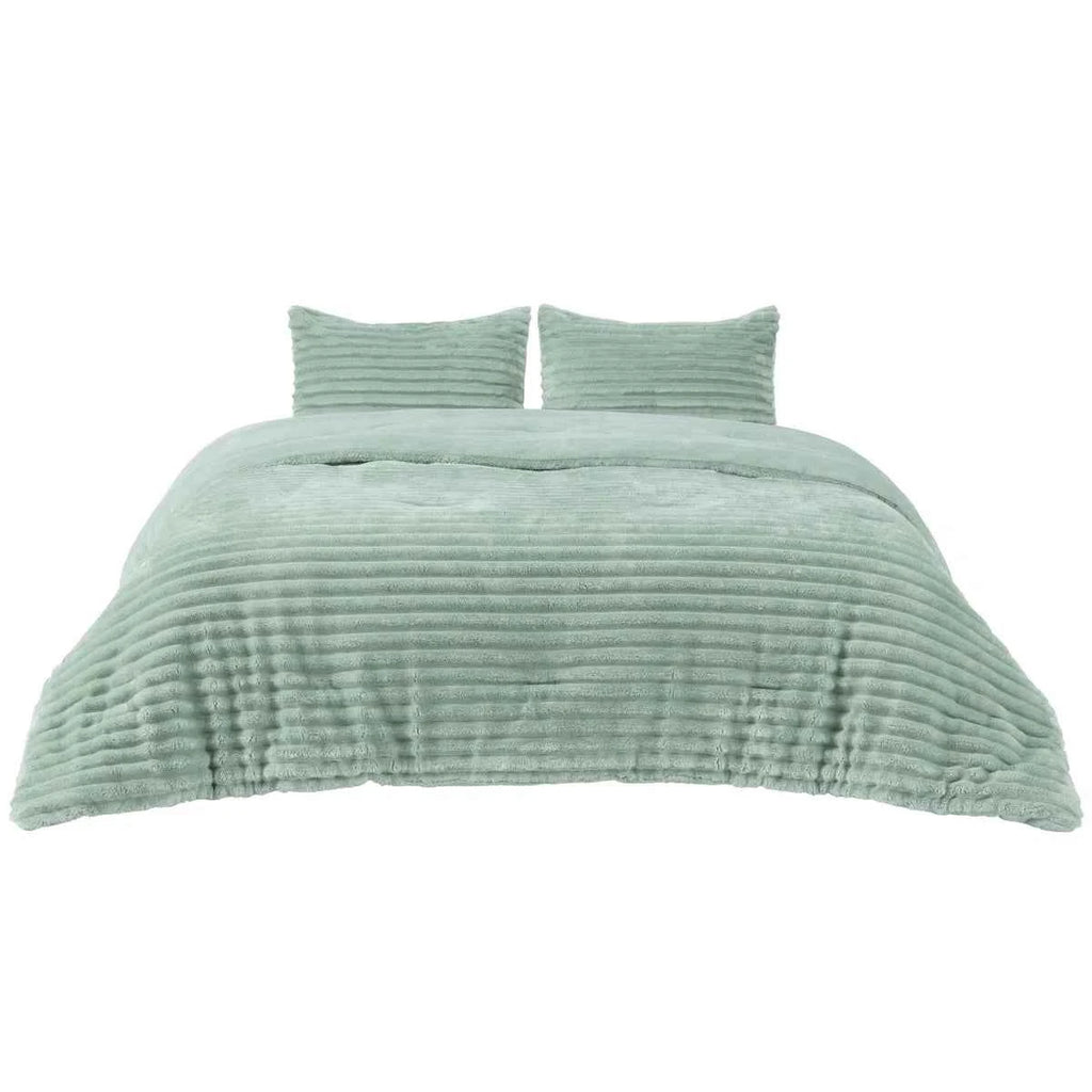 Plush Flannel Striped Fleece Reversible Comforter Set - All-Season Fluffy Light Grey Bedding with Pillow Shams