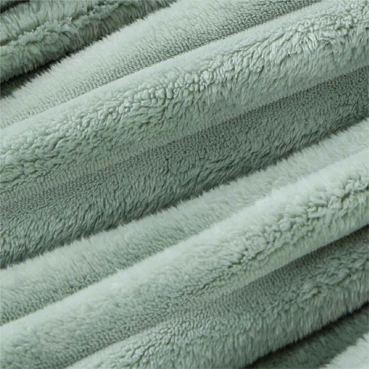 Plush Flannel Striped Fleece Reversible Comforter Set - All-Season Fluffy Light Grey Bedding with Pillow Shams