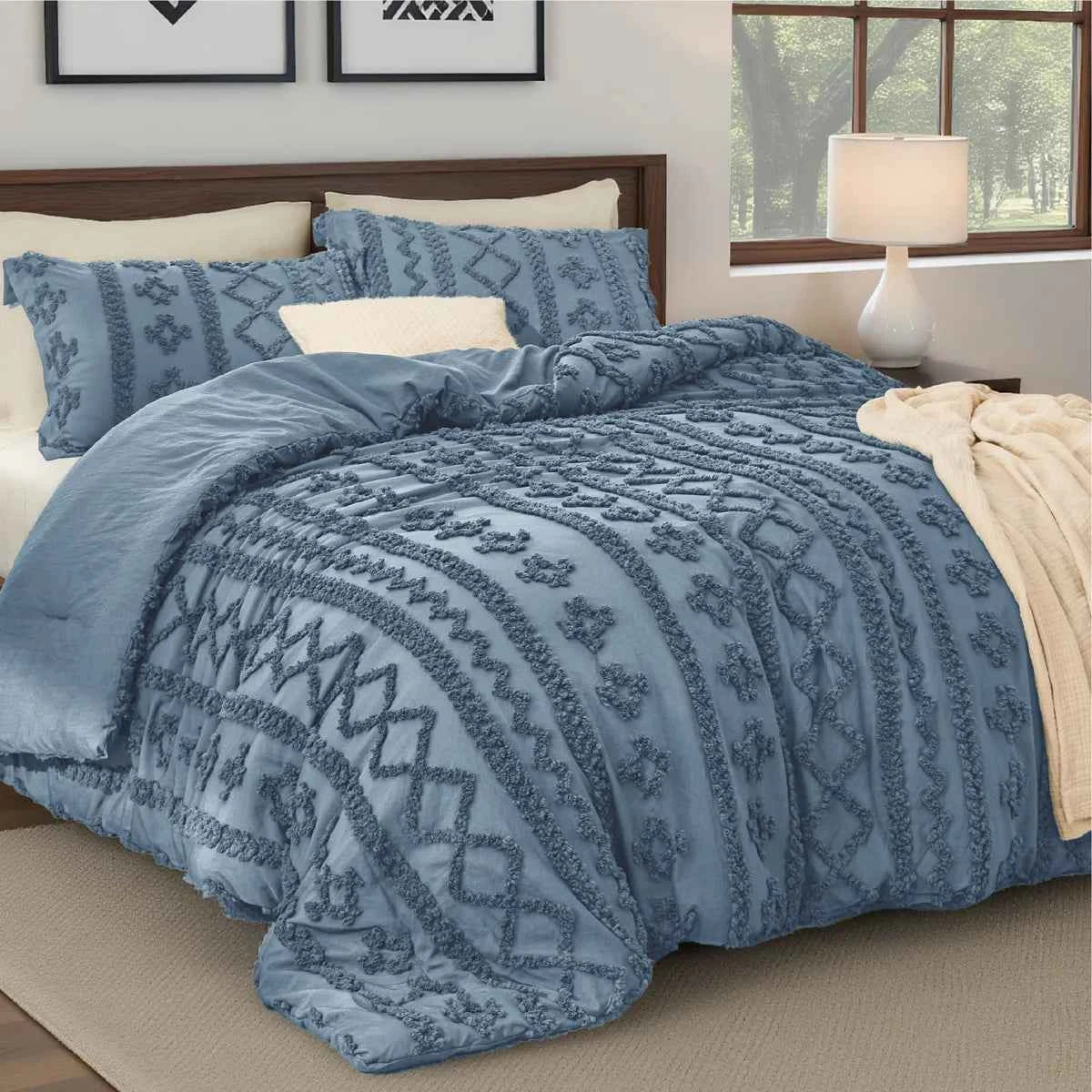 2-Piece Bedsure Beige Tufted Boho Twin Comforter Set - Shabby Farmhouse Jacquard Bedding with Embroidered Shams - Lesvorace
