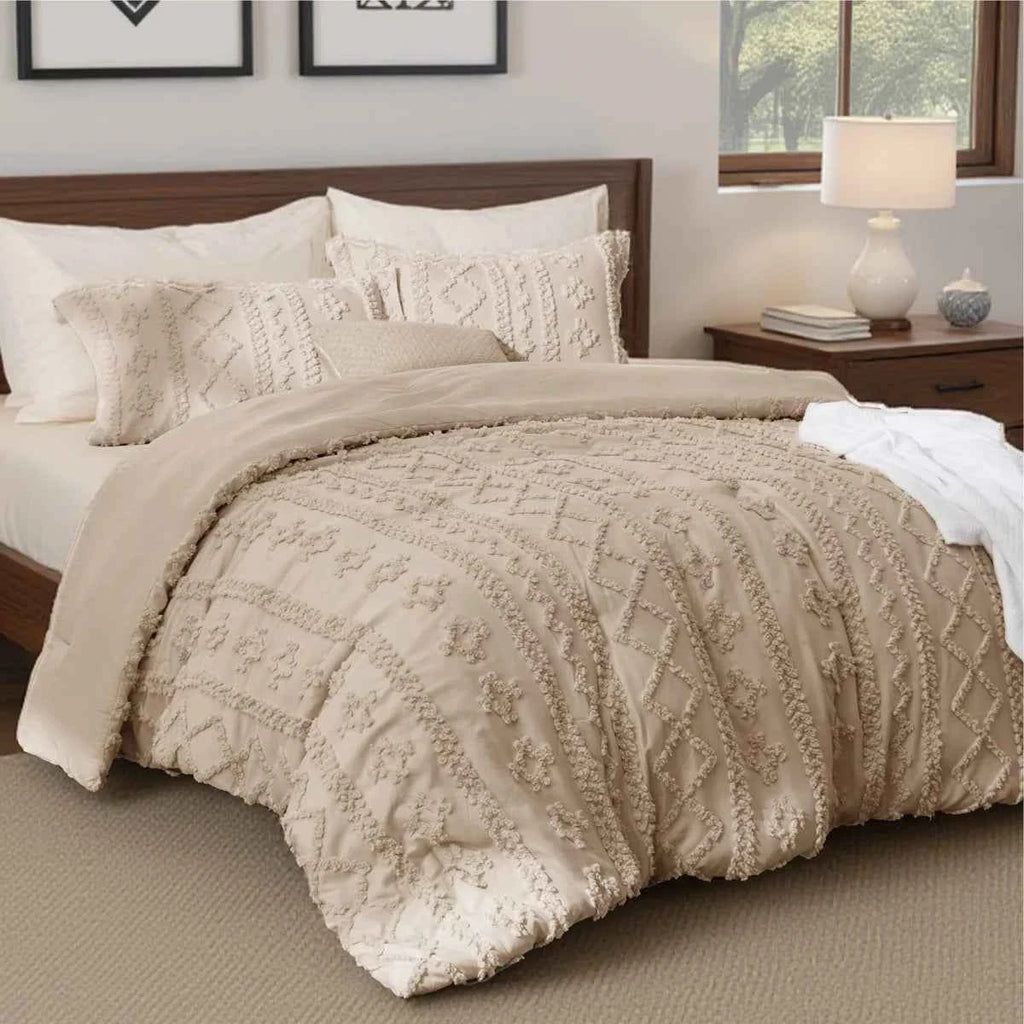 2-Piece Bedsure Beige Tufted Boho Twin Comforter Set - Shabby Farmhouse Jacquard Bedding with Embroidered Shams - Lesvorace