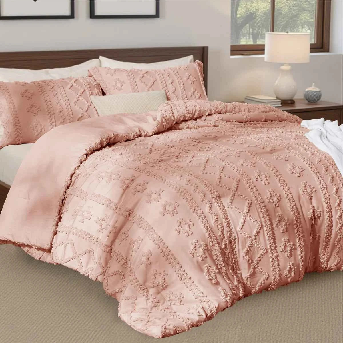 2-Piece Bedsure Beige Tufted Boho Twin Comforter Set - Shabby Farmhouse Jacquard Bedding with Embroidered Shams - Lesvorace