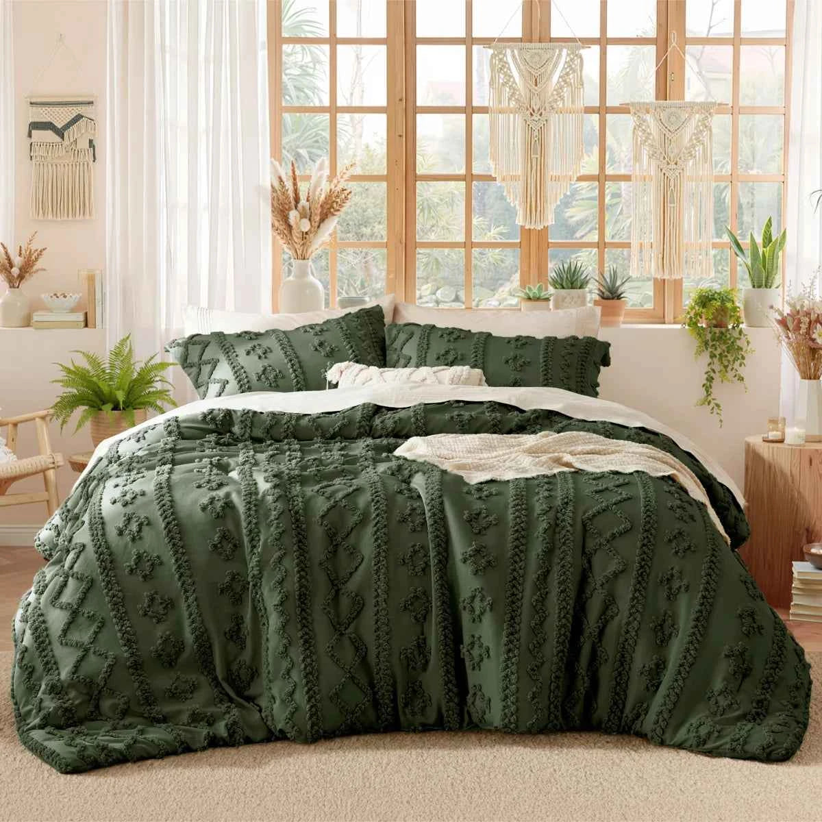 2-Piece Bedsure Beige Tufted Boho Twin Comforter Set - Shabby Farmhouse Jacquard Bedding with Embroidered Shams - Lesvorace