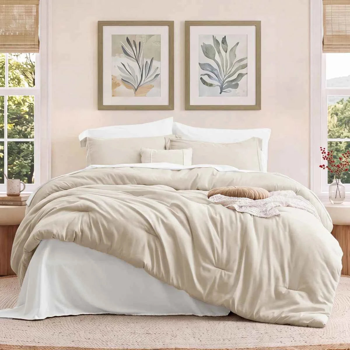 5-Piece Bedsure Light Olive Green Twin Bedding Set - Boho Reversible All-Season Bed in a Bag with Sheets and Shams
