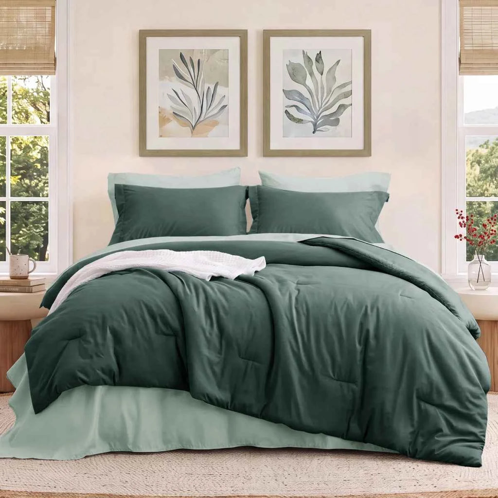 5-Piece Bedsure Light Olive Green Twin Bedding Set - Boho Reversible All-Season Bed in a Bag with Sheets and Shams