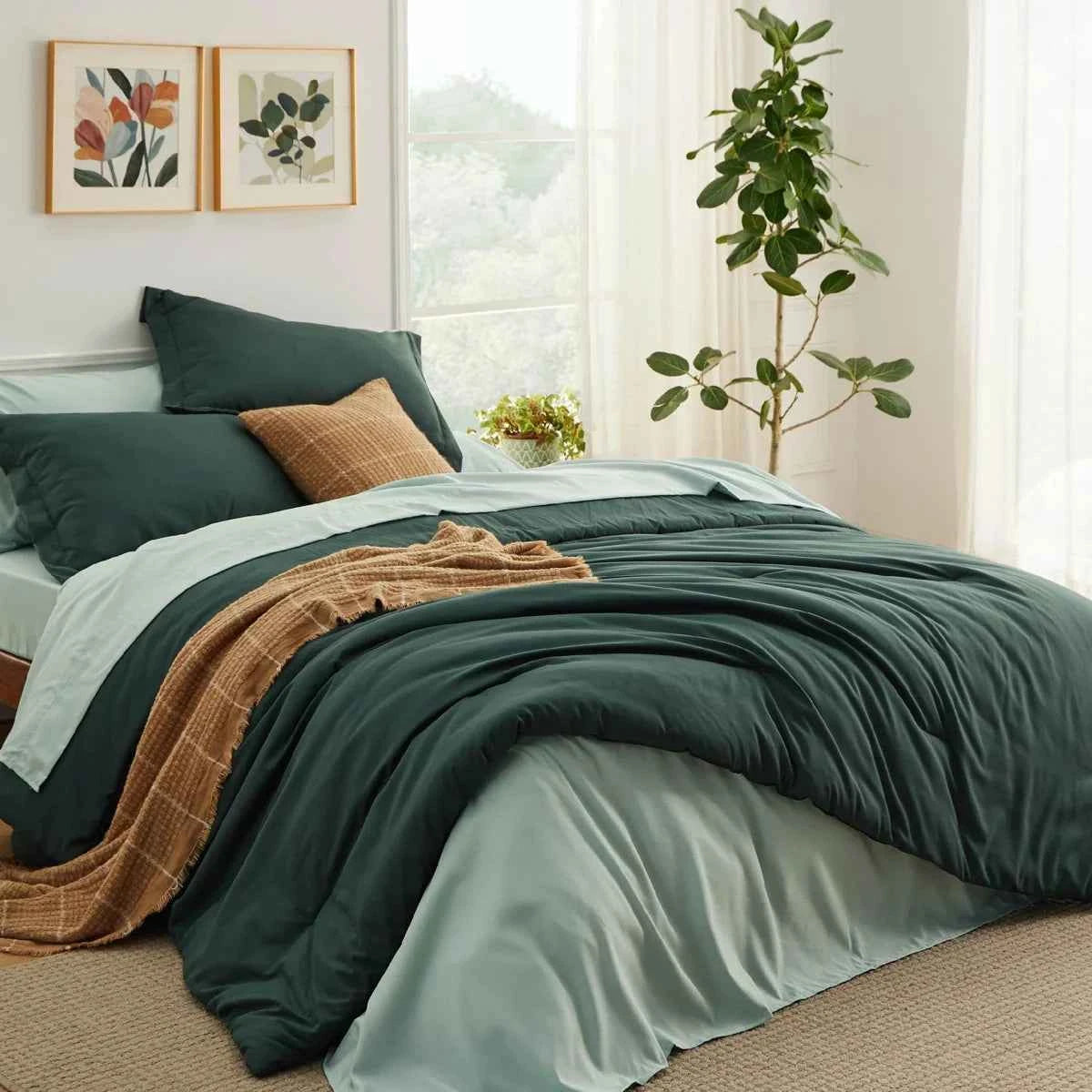 5-Piece Bedsure Light Olive Green Twin Bedding Set - Boho Reversible All-Season Bed in a Bag with Sheets and Shams