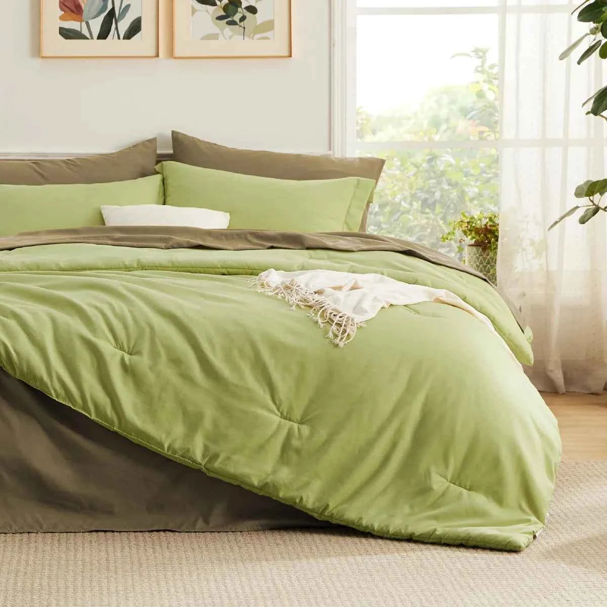 5-Piece Bedsure Light Olive Green Twin Bedding Set - Boho Reversible All-Season Bed in a Bag with Sheets and Shams