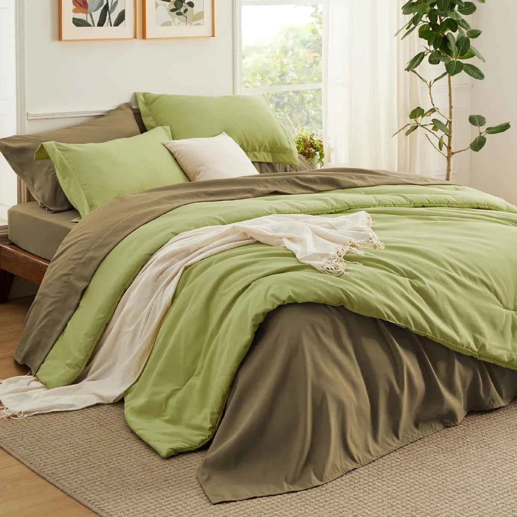 5-Piece Bedsure Light Olive Green Twin Bedding Set - Boho Reversible All-Season Bed in a Bag with Sheets and Shams