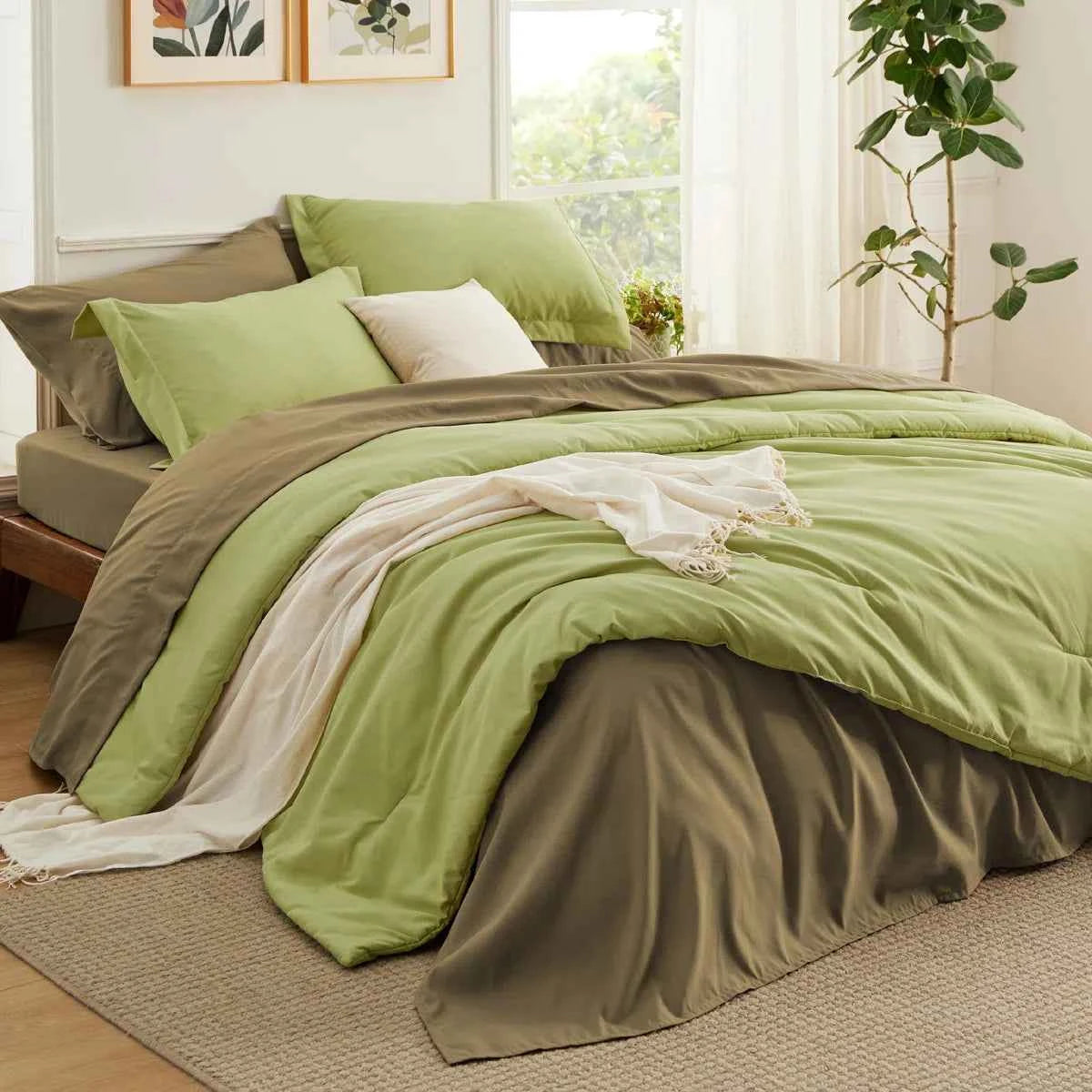 5-Piece Bedsure Light Olive Green Twin Bedding Set - Boho Reversible All-Season Bed in a Bag with Sheets and Shams