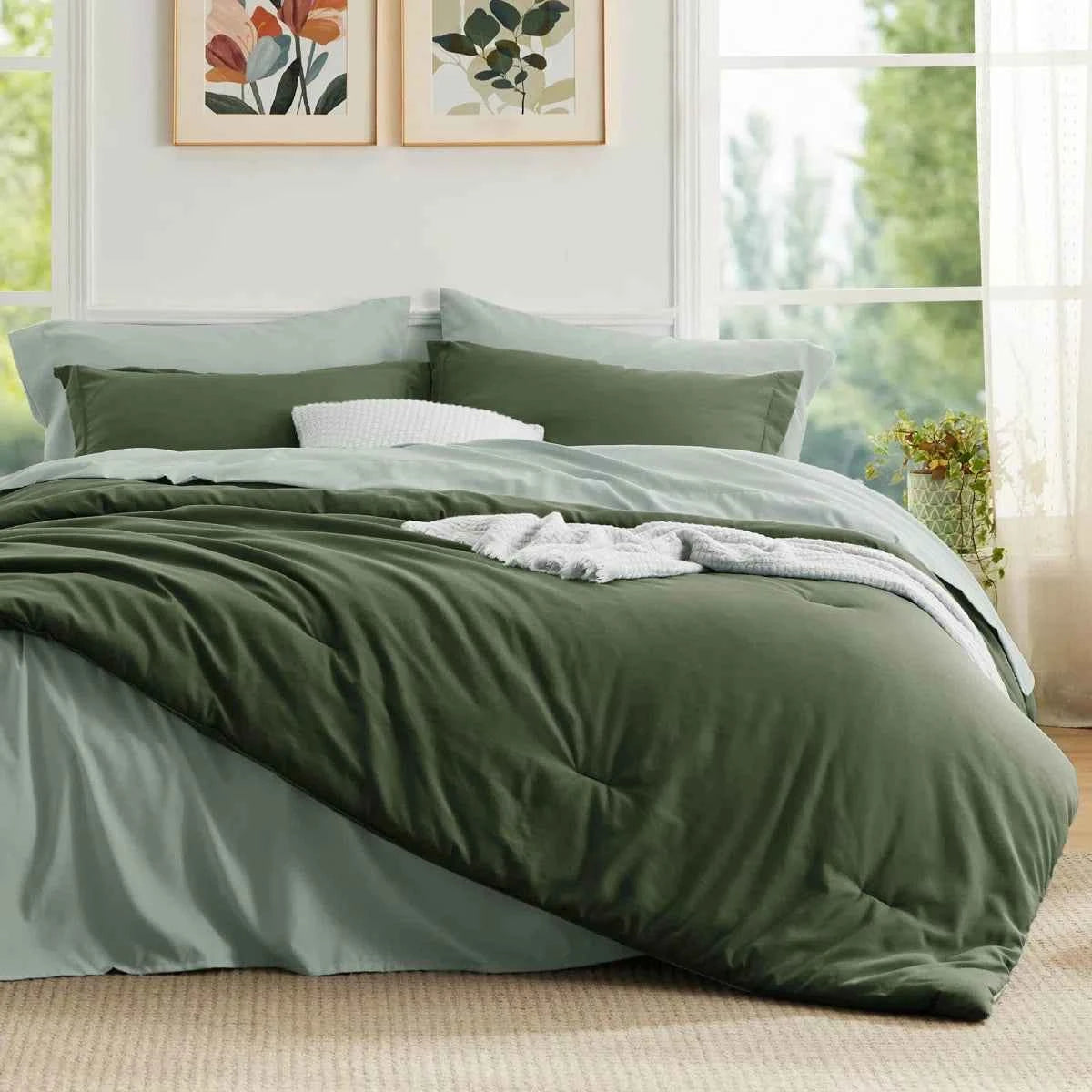 5-Piece Bedsure Light Olive Green Twin Bedding Set - Boho Reversible All-Season Bed in a Bag with Sheets and Shams