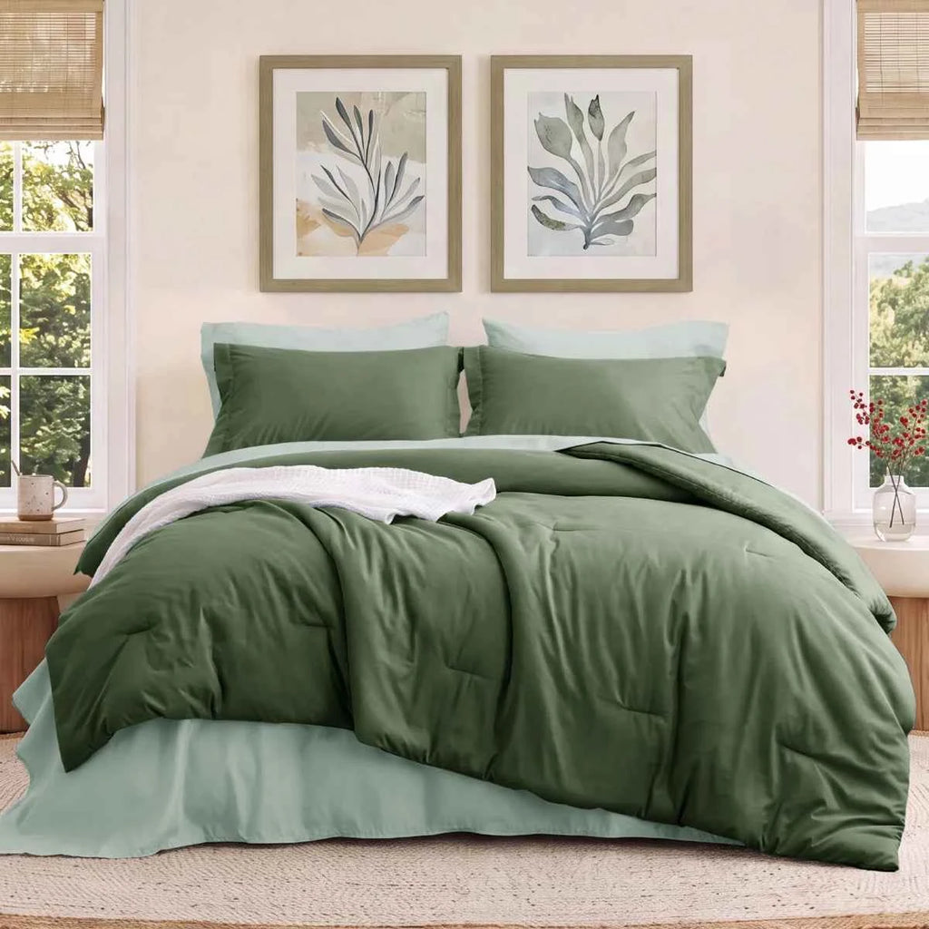 5-Piece Bedsure Light Olive Green Twin Bedding Set - Boho Reversible All-Season Bed in a Bag with Sheets and Shams