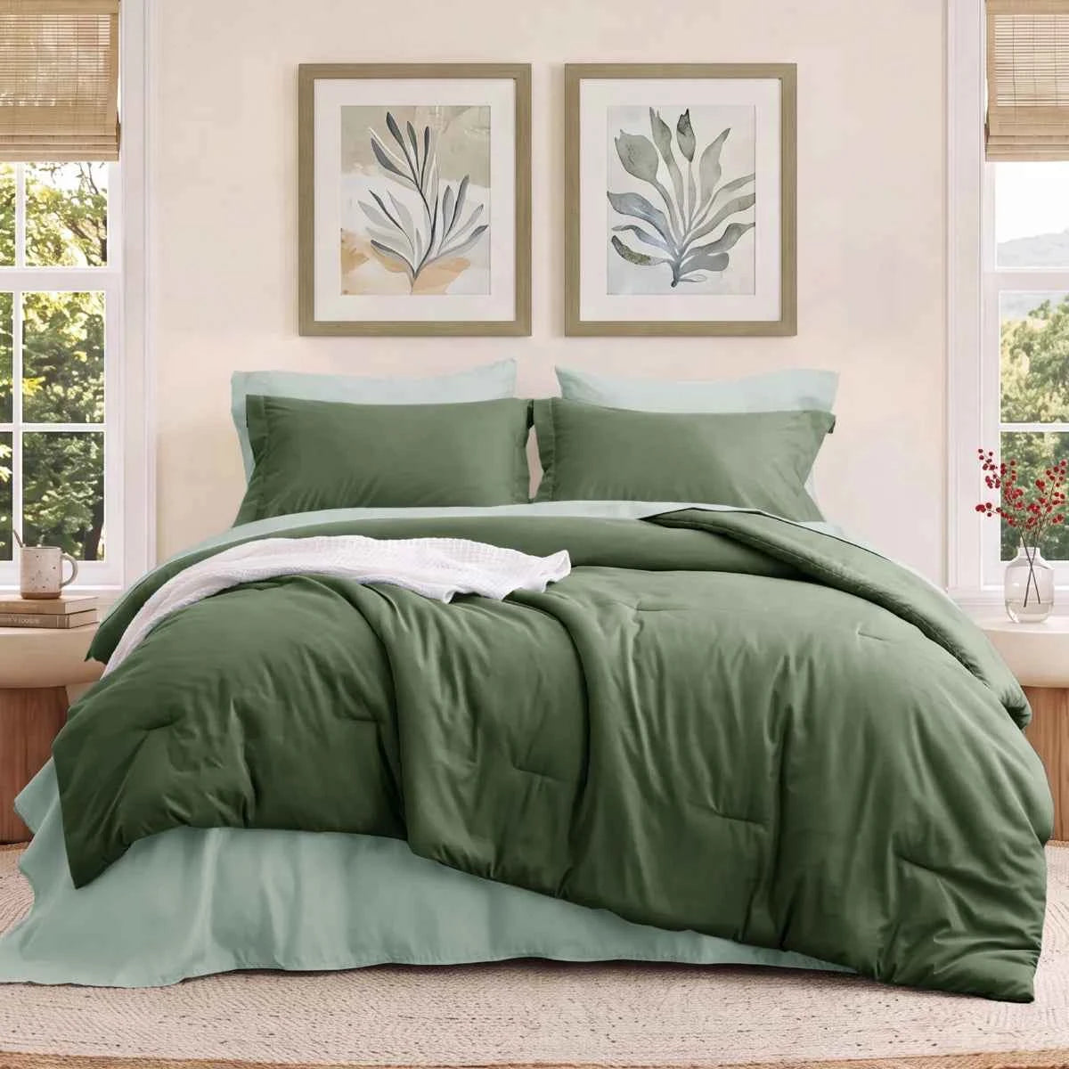 5-Piece Bedsure Light Olive Green Twin Bedding Set - Boho Reversible All-Season Bed in a Bag with Sheets and Shams