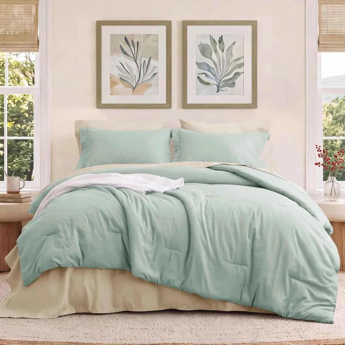 5-Piece Bedsure Light Olive Green Twin Bedding Set - Boho Reversible All-Season Bed in a Bag with Sheets and Shams