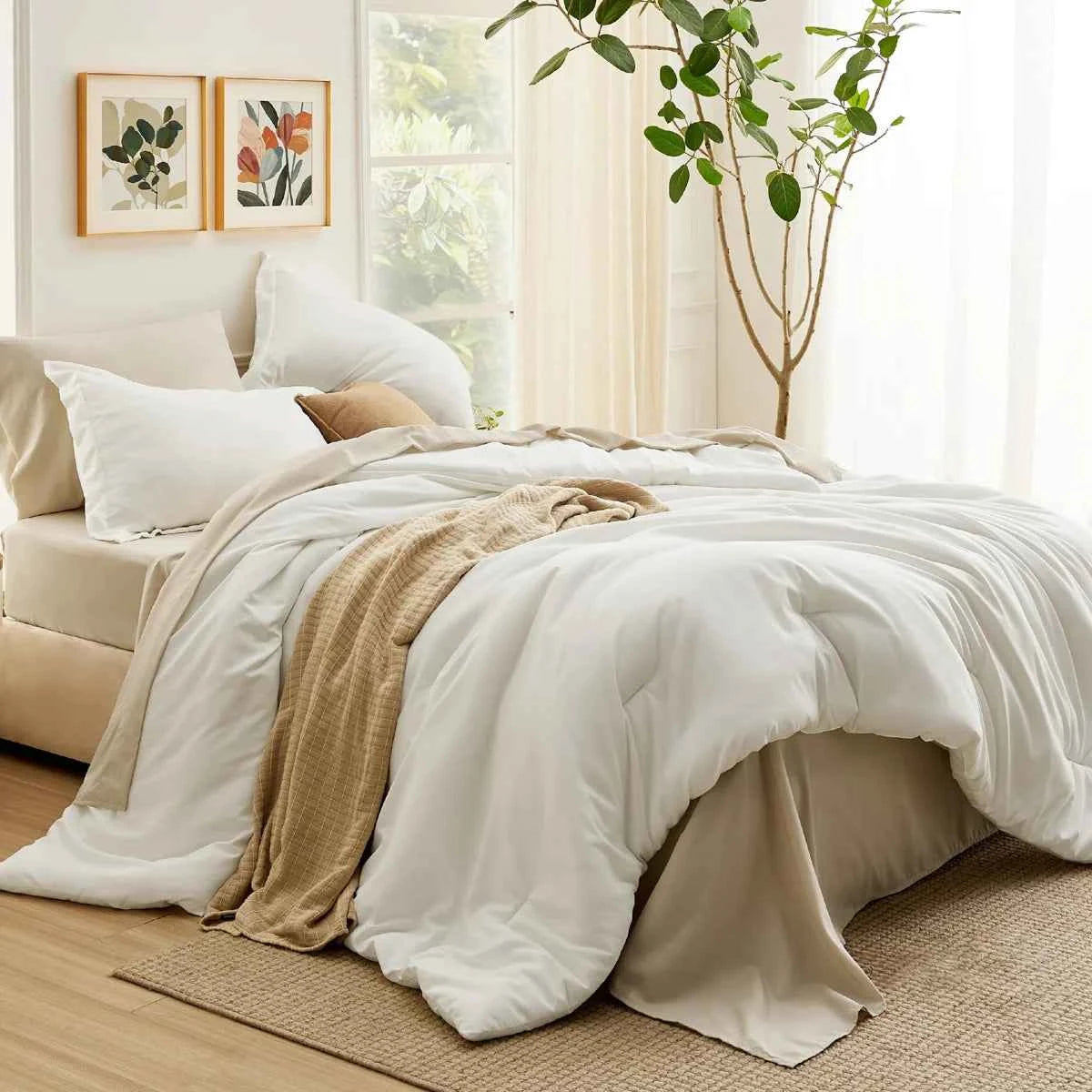 5-Piece Bedsure Light Olive Green Twin Bedding Set - Boho Reversible All-Season Bed in a Bag with Sheets and Shams