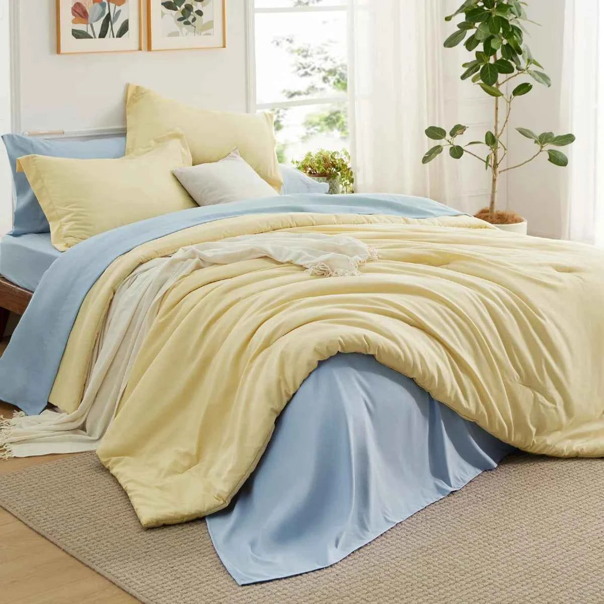 5-Piece Bedsure Light Olive Green Twin Bedding Set - Boho Reversible All-Season Bed in a Bag with Sheets and Shams