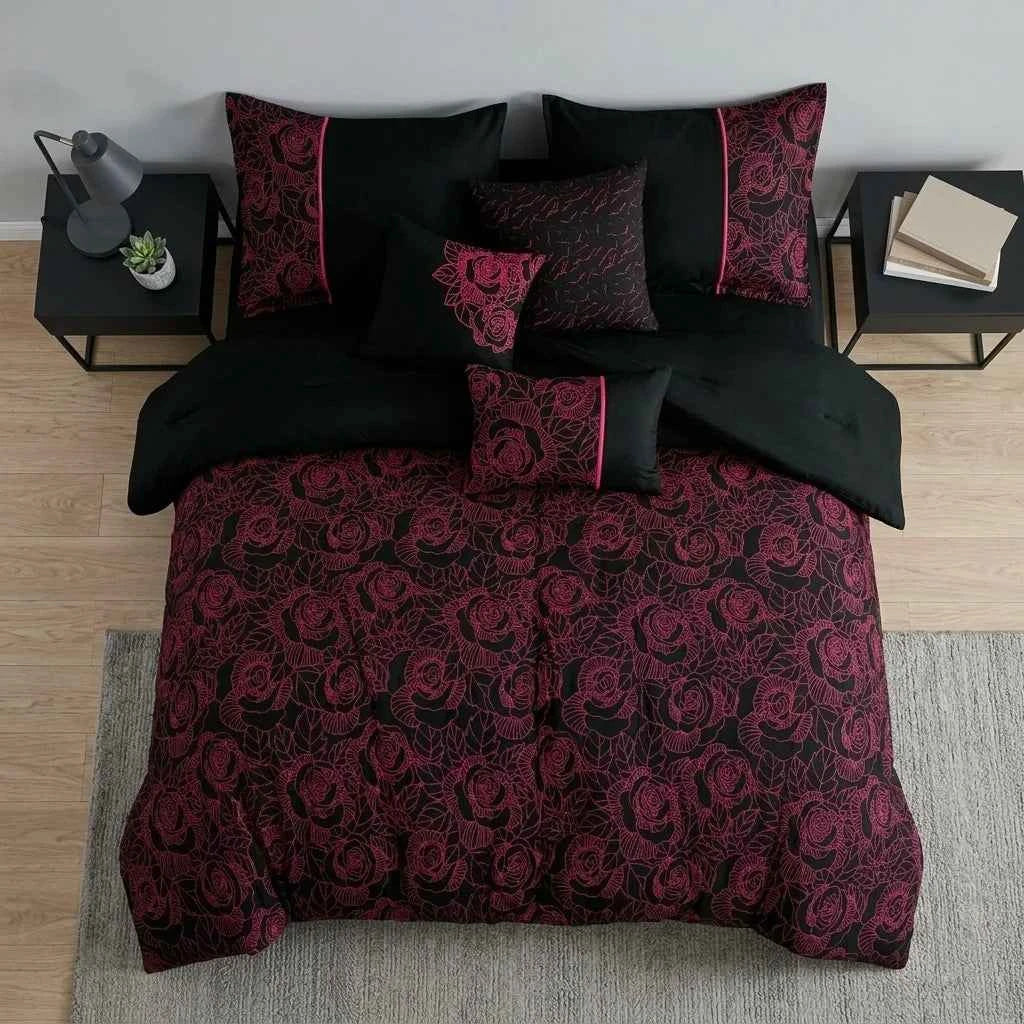Black and Pink Floral Reversible Microfiber Comforter Set - All-Season Botanical Bedding with Pillow Shams