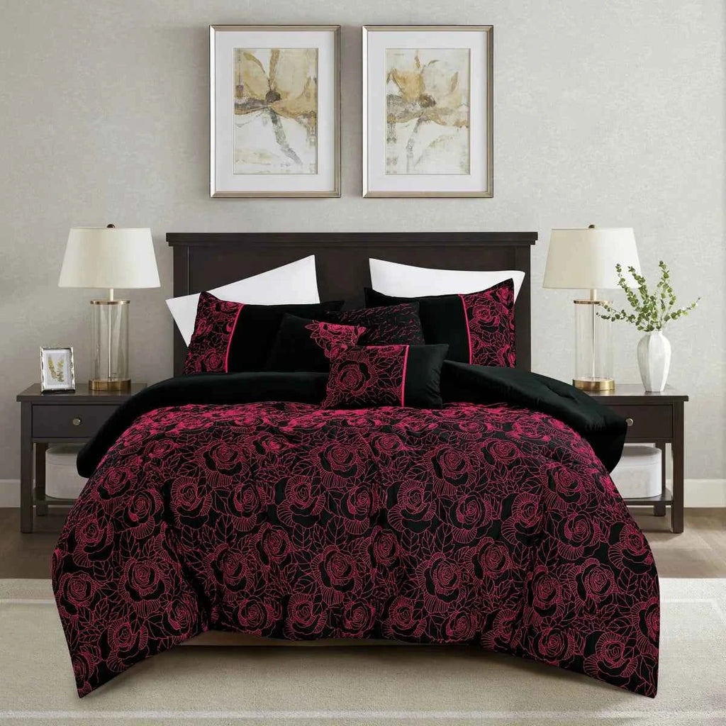 Black and Pink Floral Reversible Microfiber Comforter Set - All-Season Botanical Bedding with Pillow Shams