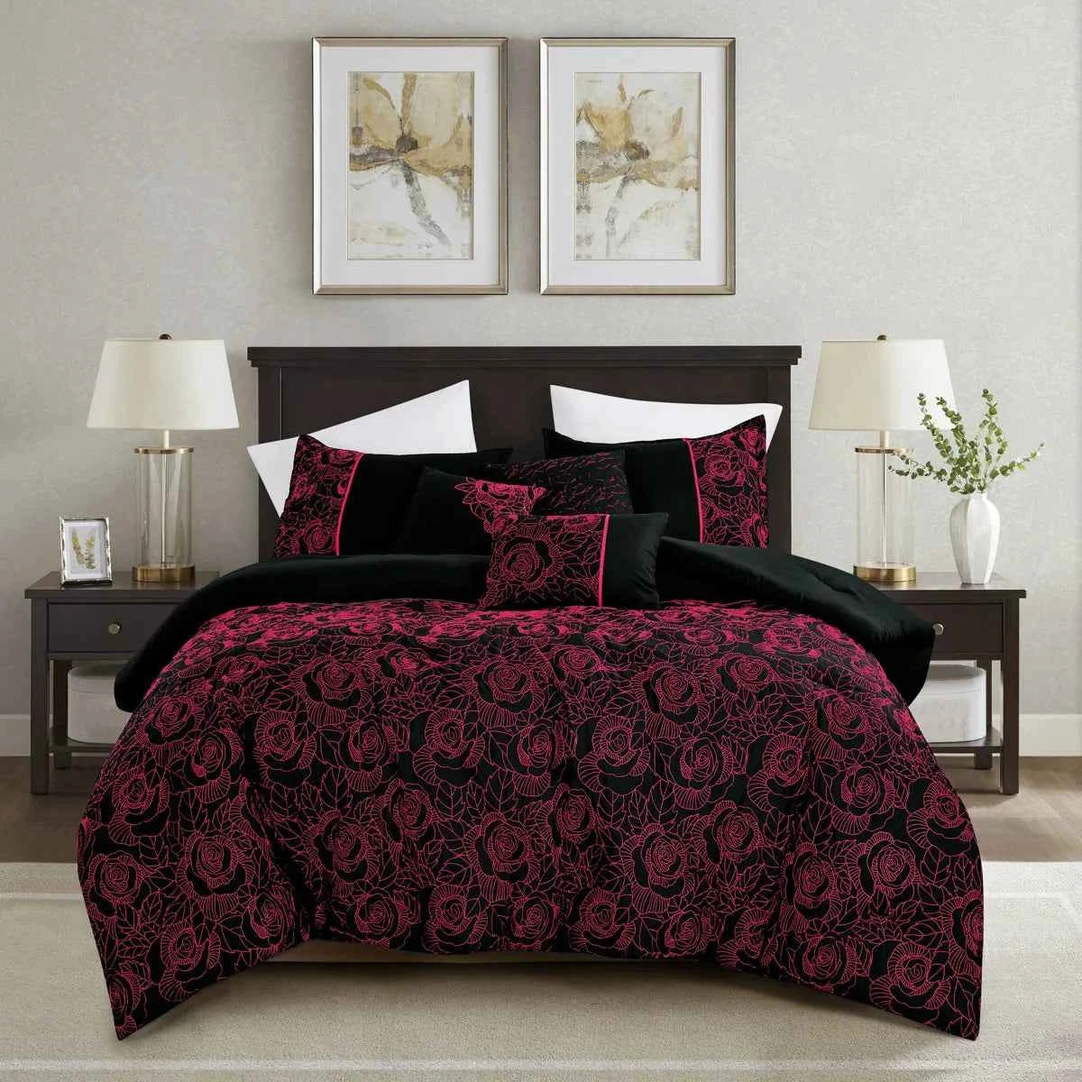 Black and Pink Floral Reversible Microfiber Comforter Set - All-Season Botanical Bedding with Pillow Shams