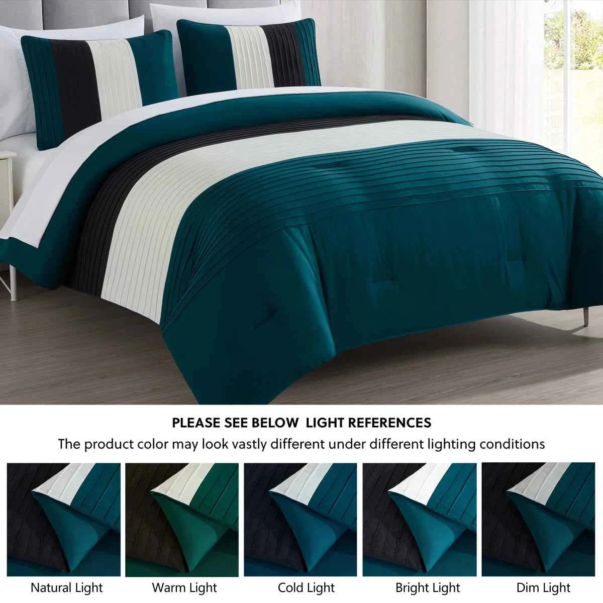 7-Piece Patchwork Pleated Stripe Bed in a Bag Comforter Set - Microfiber Bedding with 15-Inch Deep Pocket Sheets