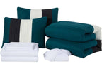 7-Piece Patchwork Pleated Stripe Bed in a Bag Comforter Set - Microfiber Bedding with 15-Inch Deep Pocket Sheets