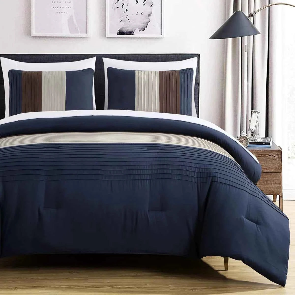 7-Piece Patchwork Pleated Stripe Bed in a Bag Comforter Set - Microfiber Bedding with 15-Inch Deep Pocket Sheets