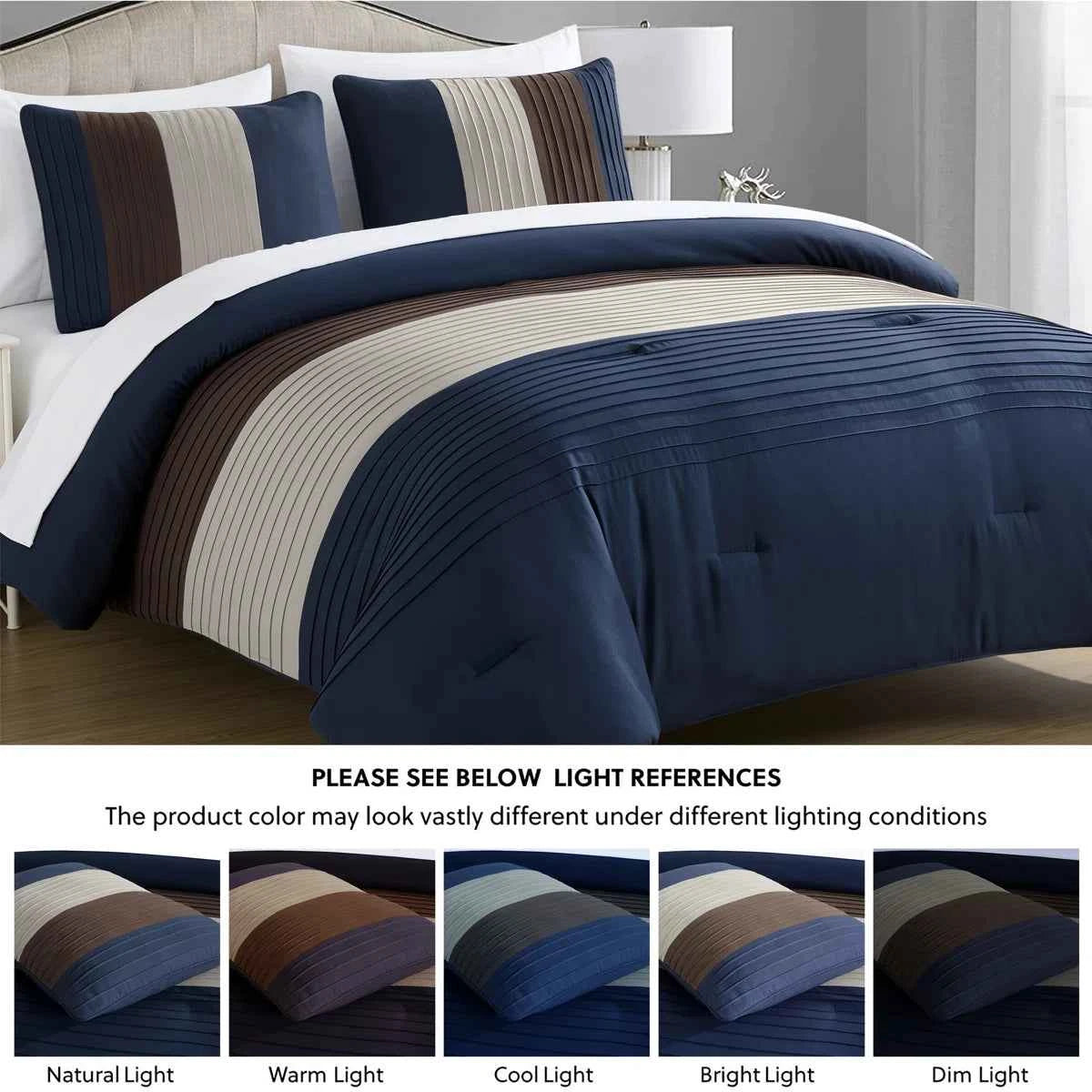7-Piece Patchwork Pleated Stripe Bed in a Bag Comforter Set - Microfiber Bedding with 15-Inch Deep Pocket Sheets