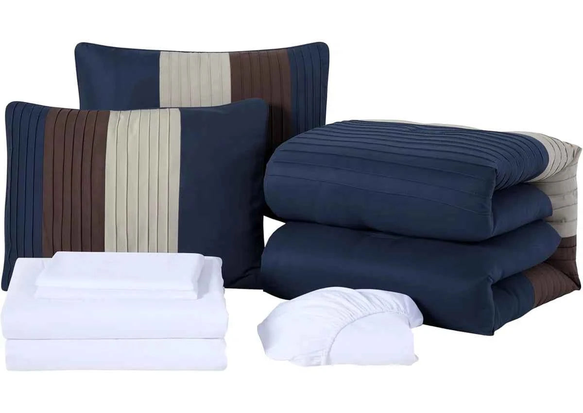 7-Piece Patchwork Pleated Stripe Bed in a Bag Comforter Set - Microfiber Bedding with 15-Inch Deep Pocket Sheets