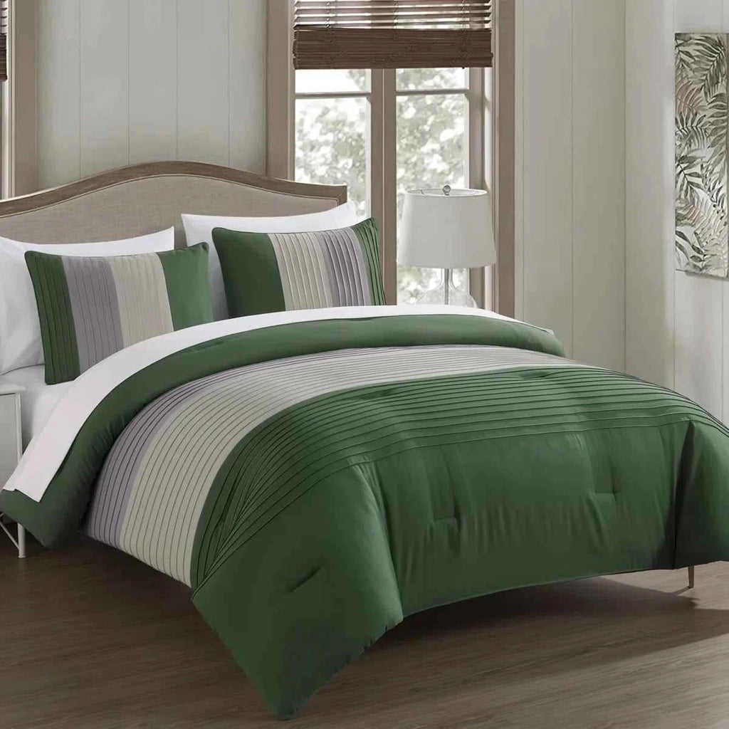 7-Piece Patchwork Pleated Stripe Bed in a Bag Comforter Set - Microfiber Bedding with 15-Inch Deep Pocket Sheets