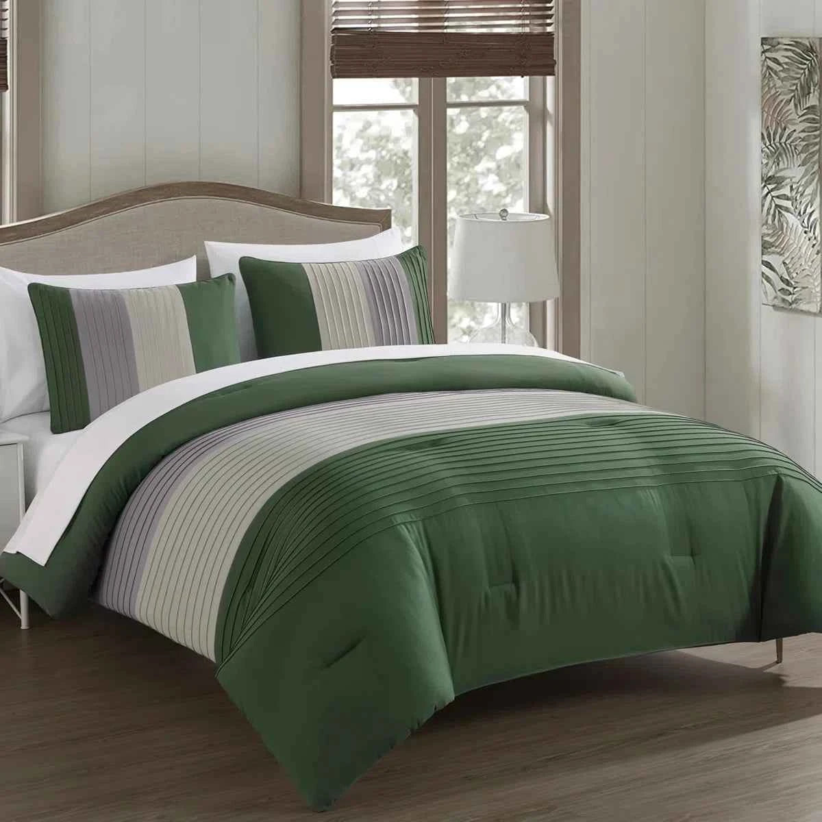 7-Piece Patchwork Pleated Stripe Bed in a Bag Comforter Set - Microfiber Bedding with 15-Inch Deep Pocket Sheets