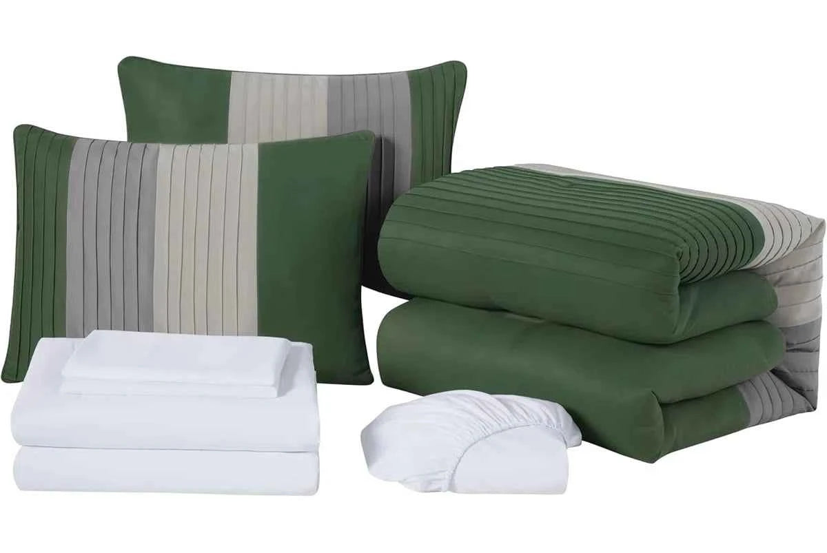 7-Piece Patchwork Pleated Stripe Bed in a Bag Comforter Set - Microfiber Bedding with 15-Inch Deep Pocket Sheets