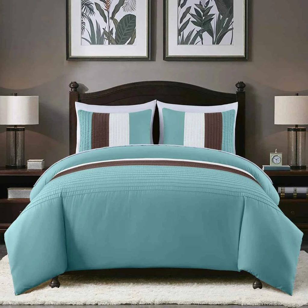 7-Piece Patchwork Pleated Stripe Bed in a Bag Comforter Set - Microfiber Bedding with 15-Inch Deep Pocket Sheets