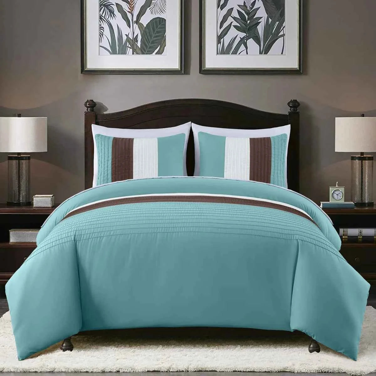 7-Piece Patchwork Pleated Stripe Bed in a Bag Comforter Set - Microfiber Bedding with 15-Inch Deep Pocket Sheets