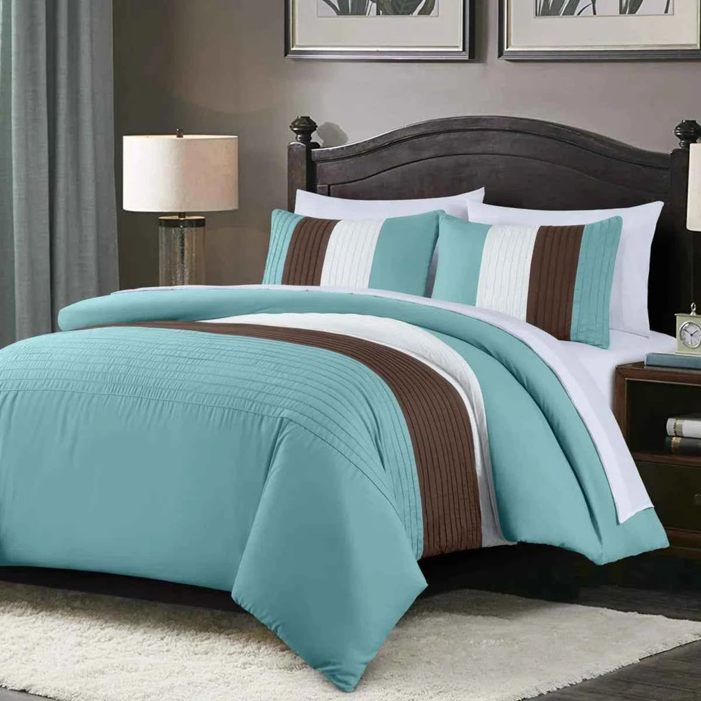 7-Piece Patchwork Pleated Stripe Bed in a Bag Comforter Set - Microfiber Bedding with 15-Inch Deep Pocket Sheets