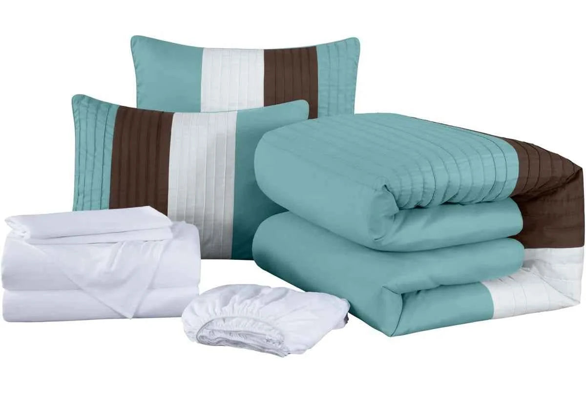 7-Piece Patchwork Pleated Stripe Bed in a Bag Comforter Set - Microfiber Bedding with 15-Inch Deep Pocket Sheets
