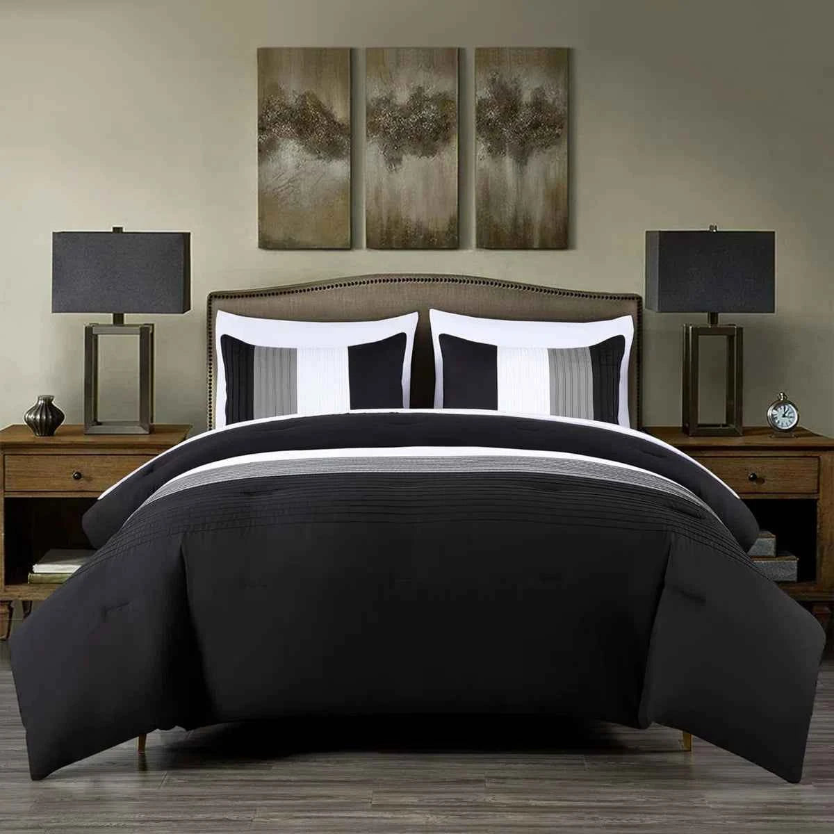 7-Piece Patchwork Pleated Stripe Bed in a Bag Comforter Set - Microfiber Bedding with 15-Inch Deep Pocket Sheets