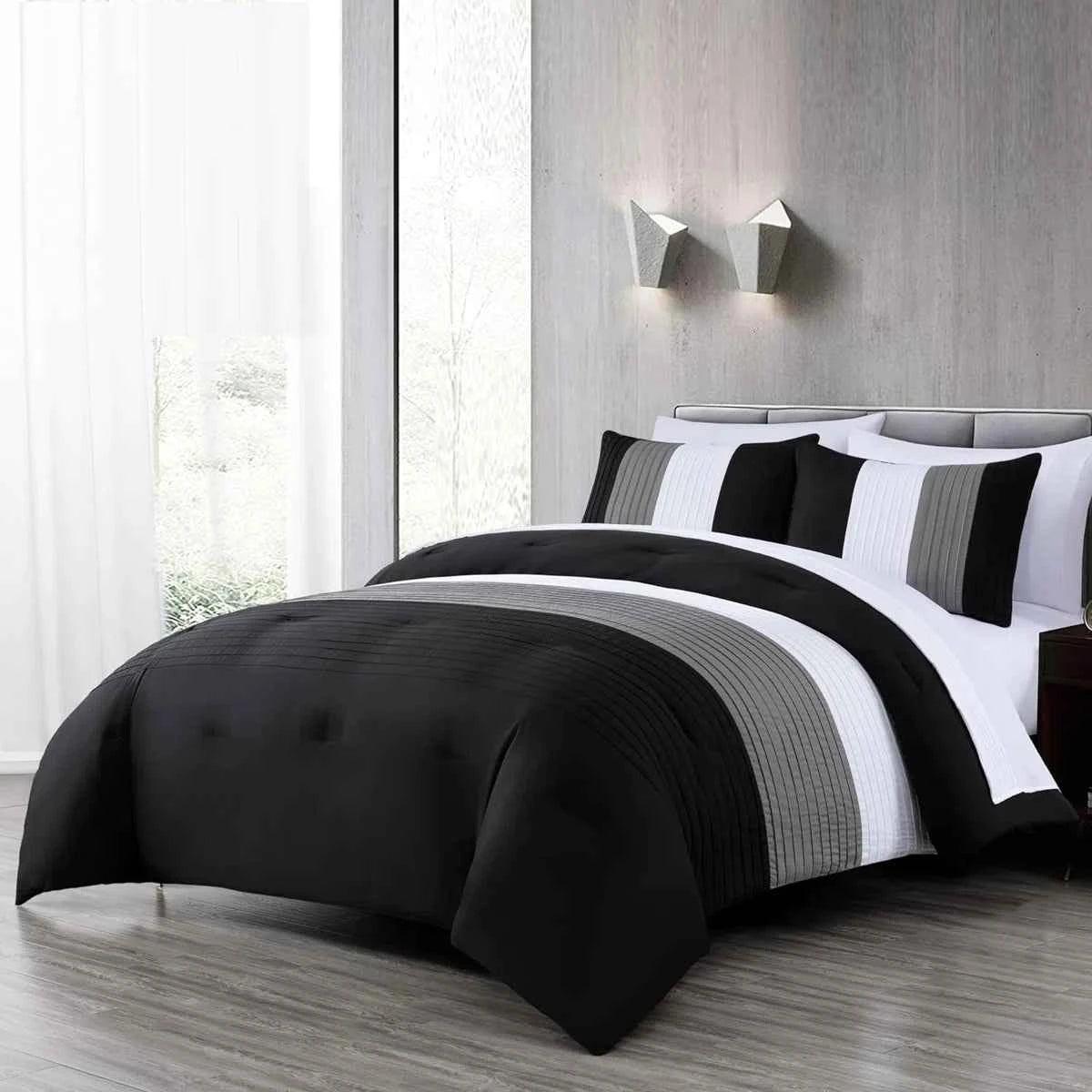 7-Piece Patchwork Pleated Stripe Bed in a Bag Comforter Set - Microfiber Bedding with 15-Inch Deep Pocket Sheets