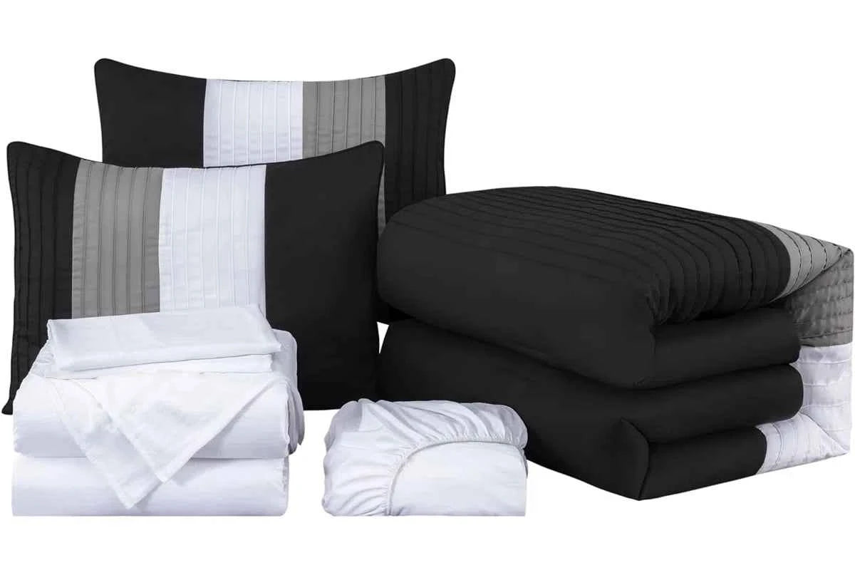 7-Piece Patchwork Pleated Stripe Bed in a Bag Comforter Set - Microfiber Bedding with 15-Inch Deep Pocket Sheets