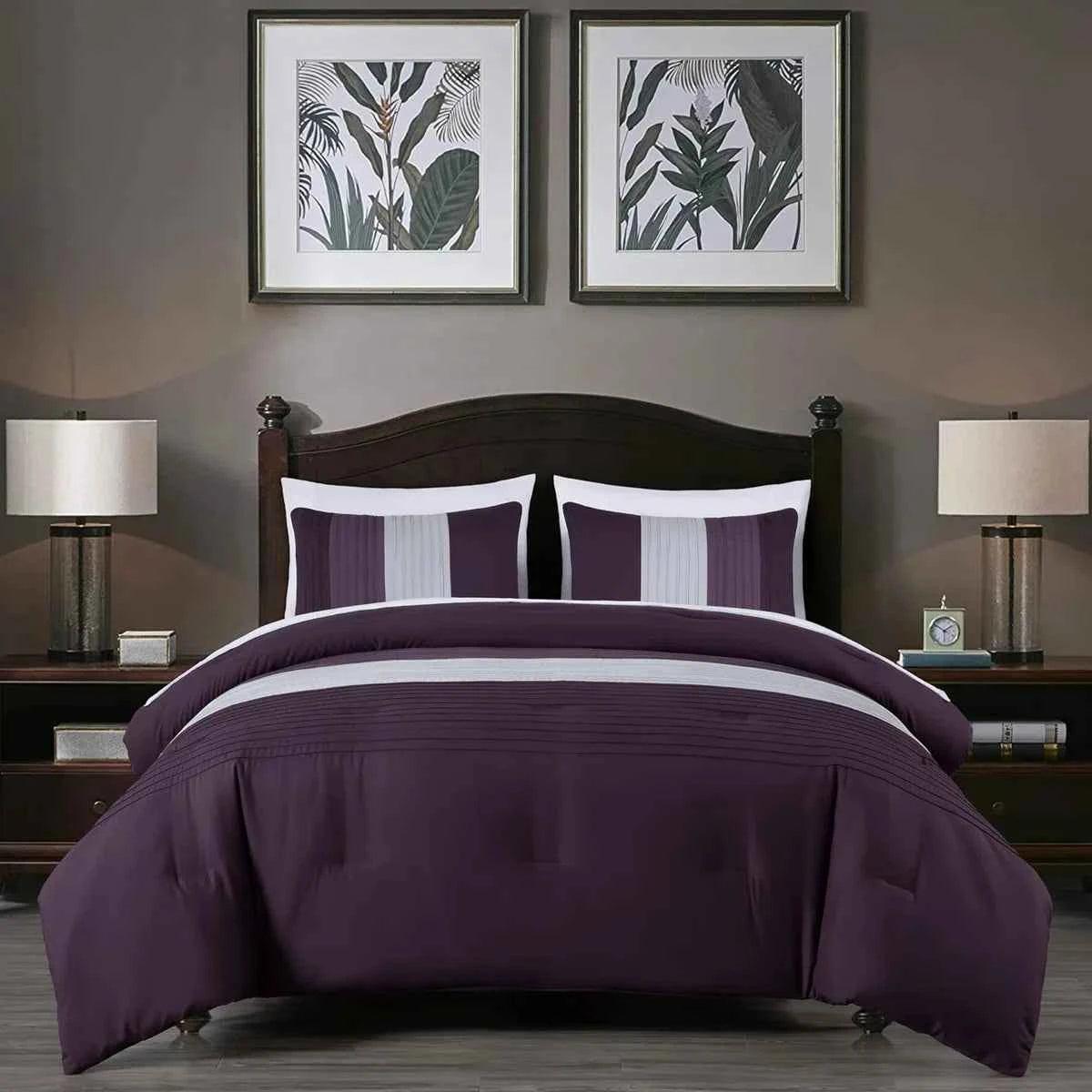 7-Piece Patchwork Pleated Stripe Bed in a Bag Comforter Set - Microfiber Bedding with 15-Inch Deep Pocket Sheets