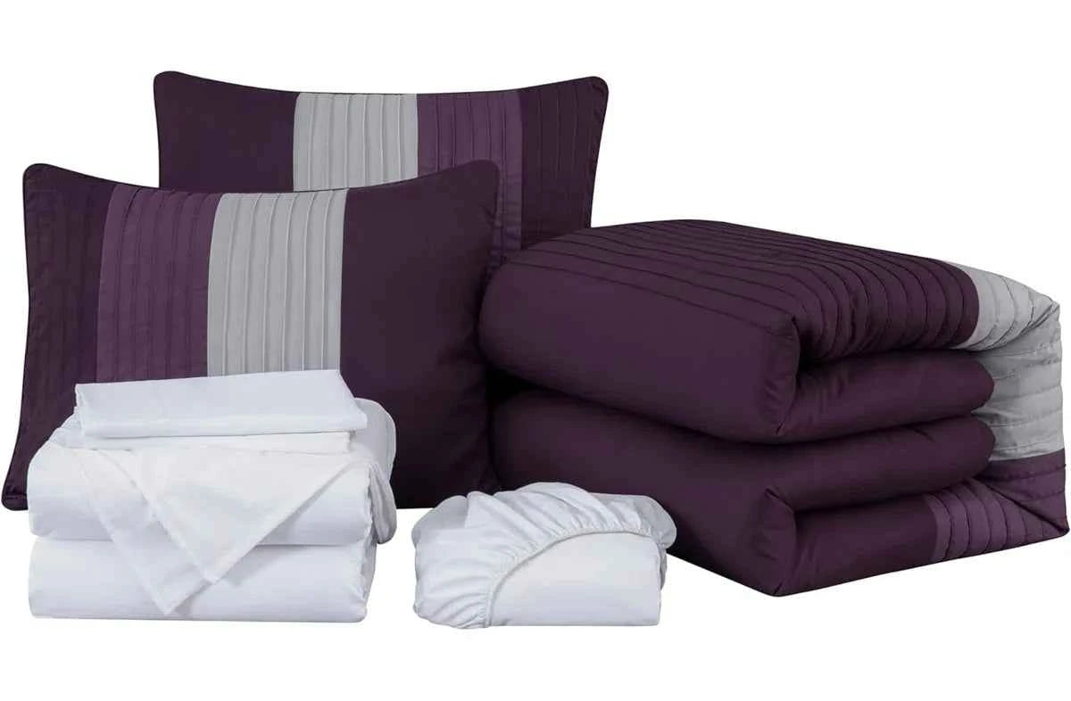 7-Piece Patchwork Pleated Stripe Bed in a Bag Comforter Set - Microfiber Bedding with 15-Inch Deep Pocket Sheets