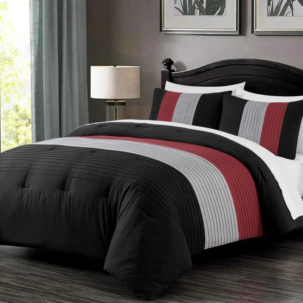 7-Piece Patchwork Pleated Stripe Bed in a Bag Comforter Set - Microfiber Bedding with 15-Inch Deep Pocket Sheets