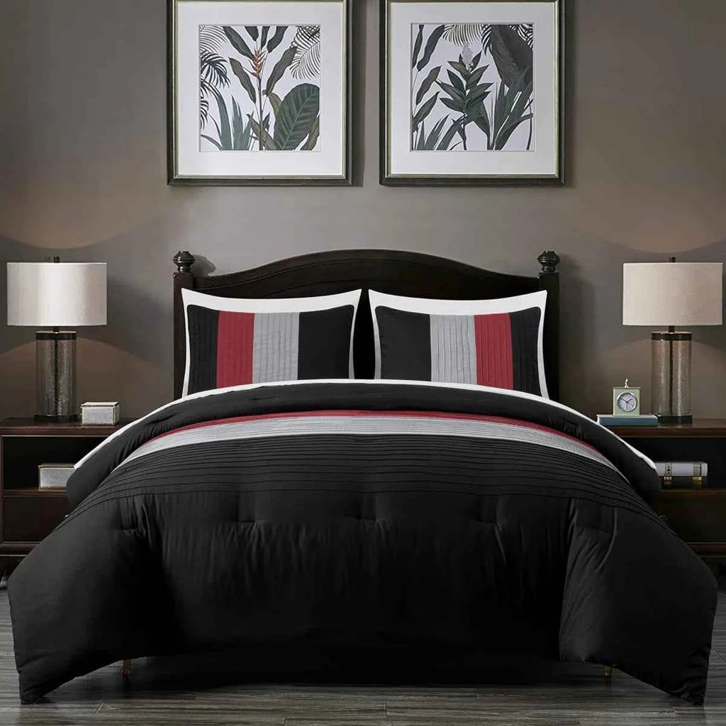 7-Piece Patchwork Pleated Stripe Bed in a Bag Comforter Set - Microfiber Bedding with 15-Inch Deep Pocket Sheets