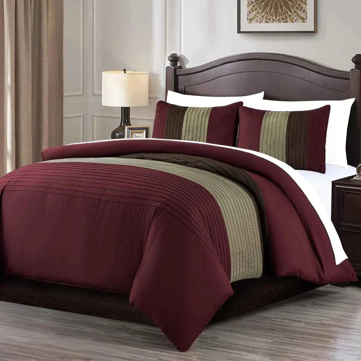 7-Piece Patchwork Pleated Stripe Bed in a Bag Comforter Set - Microfiber Bedding with 15-Inch Deep Pocket Sheets