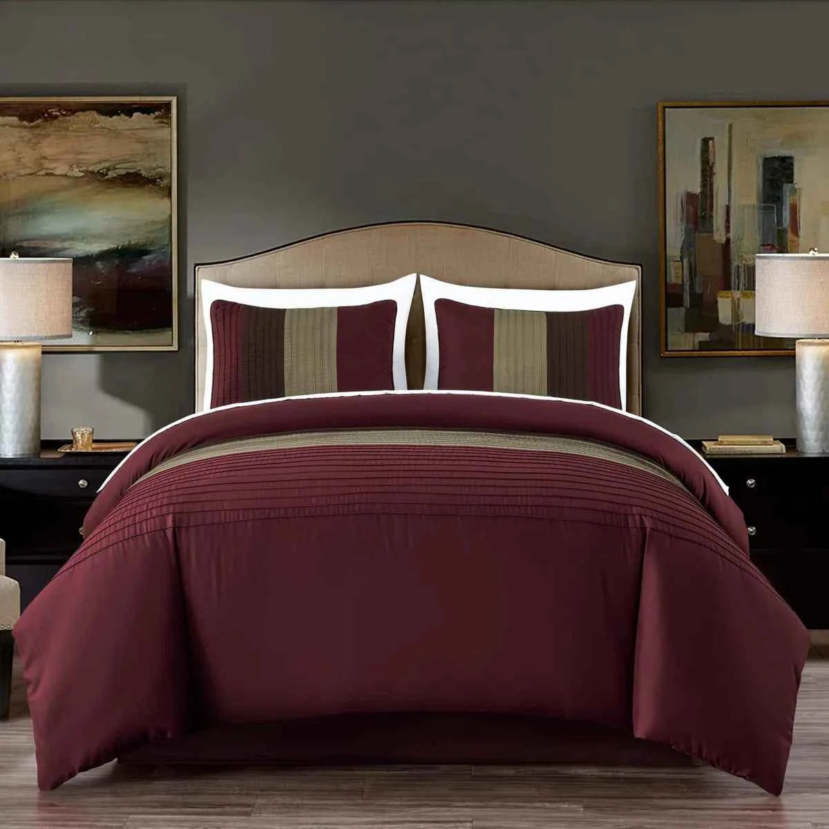 7-Piece Patchwork Pleated Stripe Bed in a Bag Comforter Set - Microfiber Bedding with 15-Inch Deep Pocket Sheets