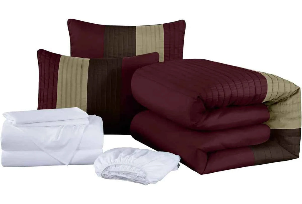 7-Piece Patchwork Pleated Stripe Bed in a Bag Comforter Set - Microfiber Bedding with 15-Inch Deep Pocket Sheets