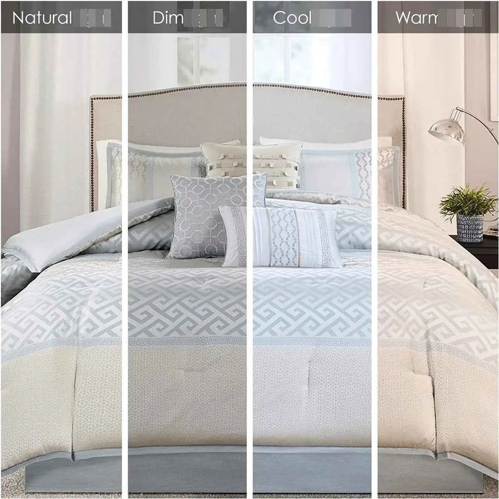 7-Piece Navy Blue Traditional Geometric King Comforter Set - Complete Bedding Ensemble with Pillows and Bed Skirt